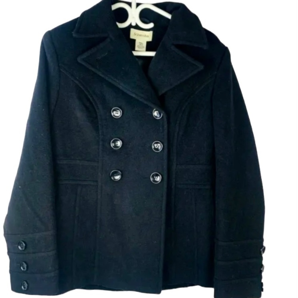 St Johns Bay Womens Size Small Black Wool Peacoat Button Up Cashmere Blend Warm
